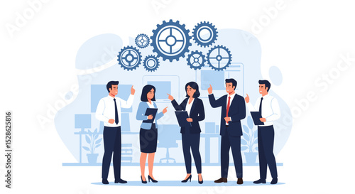 Business Discussion Concept. Vector flat style illustration of a group of diverse smiling people in business outfits with gears on top talking to each other. Isolated on background