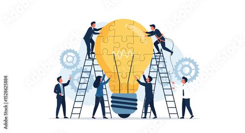 Business Brainstorm Concept. Contemporary flat style vector illustration of a group of diverse people in business suits putting together a light bulb puzzle. Isolated on background.