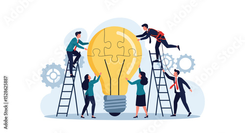 Business Brainstorm Concept. Contemporary flat style vector illustration of a group of diverse people in business suits putting together a light bulb puzzle. Isolated on background.