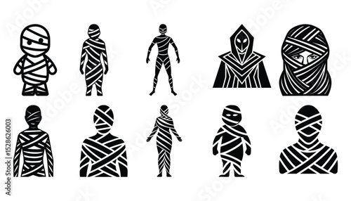 Collection of vector mummy illustrations depicting various poses and styles for halloween decorations