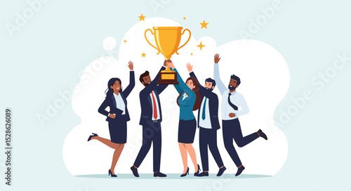 Business Team Success. Vector illustration in flat style of a diverse group of people in business suits in full growth with a large golden cup in their raised up hands. Isolated on background.