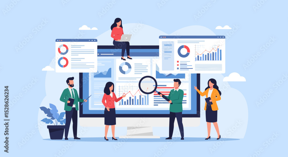 Business Data Concept. Vector illustration in flat style of a large monitor with tabs displaying graphs, chats, and groups of people studying them. Isolated on background Business Data Concept. Vector illustration in flat style of a large monitor with tabs displaying graphs, chats, and groups of people studying them. Isolated on background