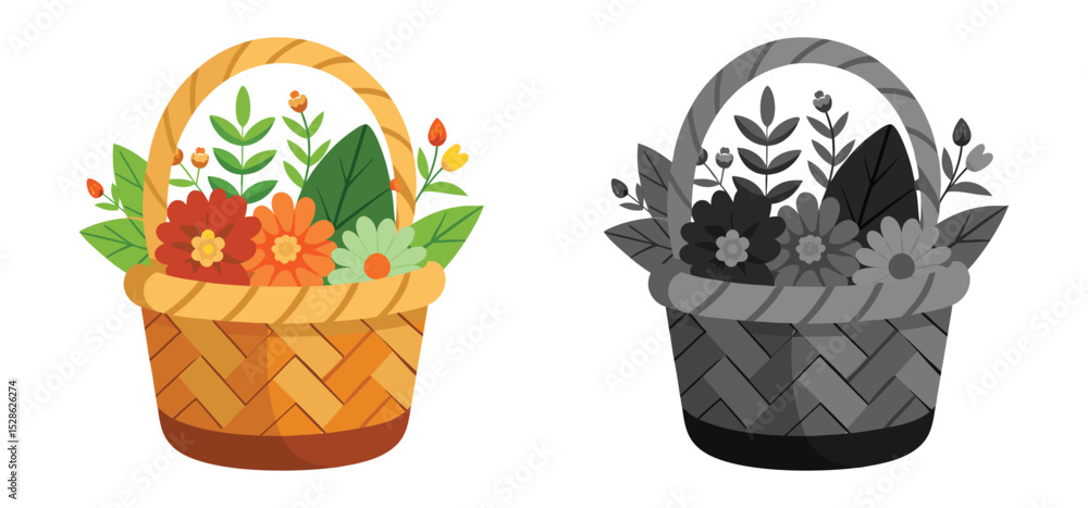 Fototapeta premium A vibrant illustrated basket filled with colorful flowers and greenery on a white background perfect for spring