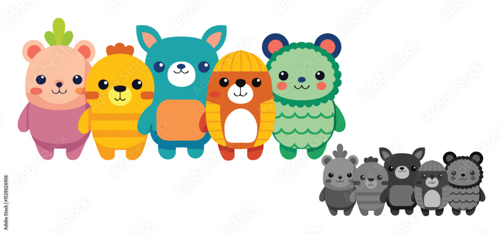 Naklejka premium Adorable cartoon animal characters in a cheerful line up with matching black and grey cute cartoon bear friends.