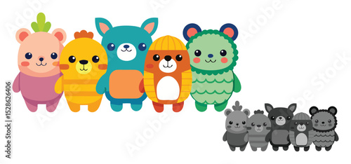 Adorable cartoon animal characters in a cheerful line up with matching black and grey cute cartoon bear friends.