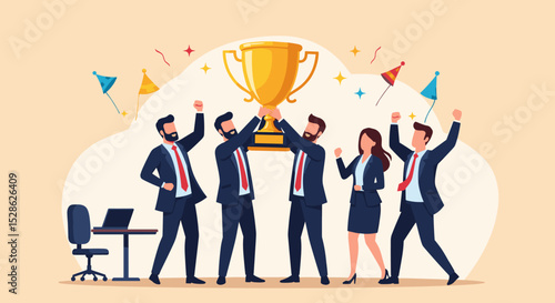 Business Team Success. Vector illustration in flat style of a diverse group of people in business suits in full growth with a large golden cup in their raised up hands. Isolated on background.