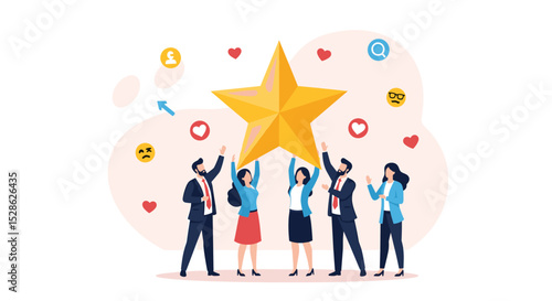 Employee Satisfaction Concept. Vector cartoon illustration in flat style of diverse businesspeople holding a big golden star surrounded by joy emojis. Isolated on background.