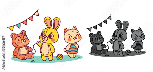 Adorable cartoon animal friends playing together with a ball and yarn while celebrating with decorative party flags