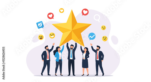 Employee Satisfaction Concept. Vector cartoon illustration in flat style of diverse businesspeople holding a big golden star surrounded by joy emojis. Isolated on background.