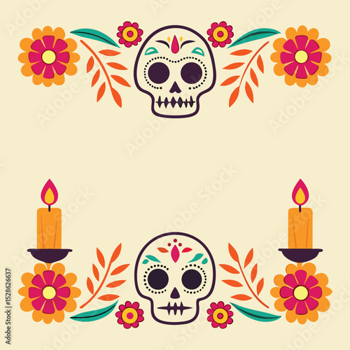 Wallpaper Mural Colorful day of the dead design with sugar skulls flowers and candles in flat vector Torontodigital.ca