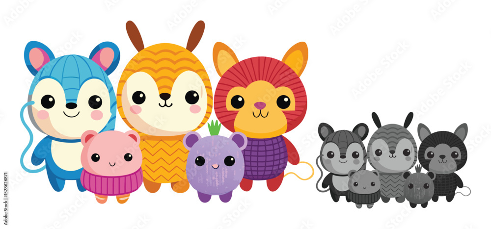Obraz premium Adorable group of illustrated armadillos and other cute animals in colorful playful style on a clean white background.