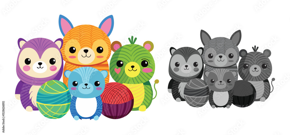 Obraz premium Adorable illustrated animals with yarn texture and wool balls in vibrant color palette perfect for children projects