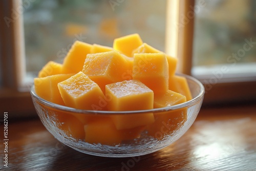 Fresh Sliced Mango Cubes in Glass Bowl. A Vitamin-Rich, Healthy Dessert with Vibrant Texture and Natural Light