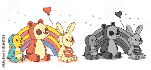Adorable illustrated plush toys representing a bear rabbit and little character positioned with a beautiful rainbow and hearts decorations