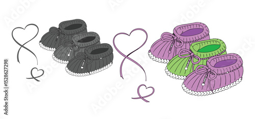 Adorable vector illustration showcasing baby booties with bows and hearts symbolizing love and new beginnings for tiny feet.