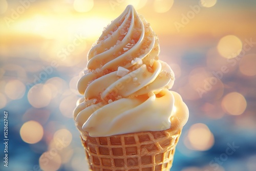 Indulge in the Creamy Vanilla Ice Cream Cone. A Delicious Summer Treat with Chocolate Topping for Refreshing Outdoor Enjoyment