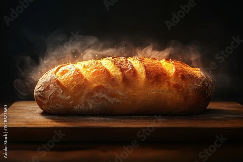Artisanal Golden Brown Bread Loaf Steaming on Wooden Board - Freshly Oven Baked with Organic, Gluten-Free Ingredients - Enjoy Rustic, Crispy Crust & Comforting Breakfast Experience