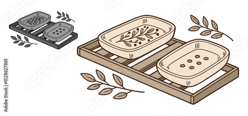 Artistic illustration of soap dishes with plant decorations on wooden racks in hand drawn style with leaf elements