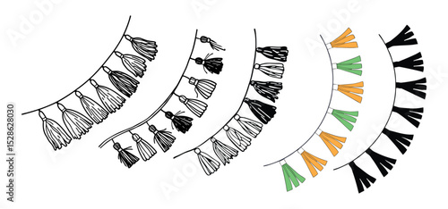 Artistic vector illustration of decorative tassel designs in multiple color variations for stylish design elements