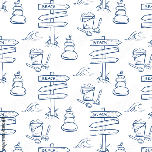 Beach time Seamless Pattern. Sand Games. Beach Stones. Wooden Sign. Ocean wave. Sea Line Art. Minimalist Outline  Background