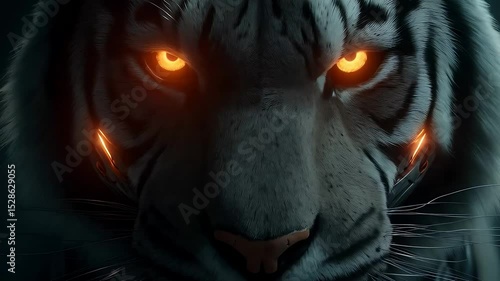 Cyborg tiger with glowing eyes sci fi scene