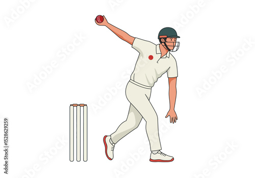 A cricketer about to bowl a red ball facing wickets wearing uniform pads and helmet
