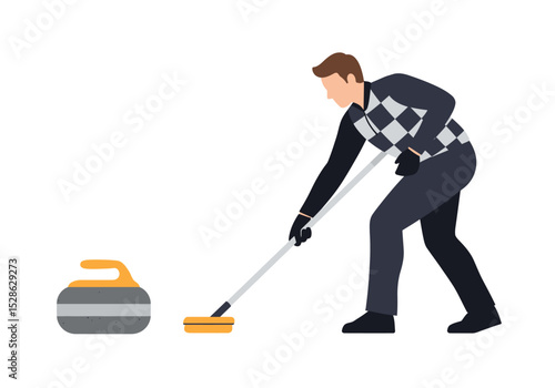 A curler propels a gray stone with a yellow handle using a curling stick