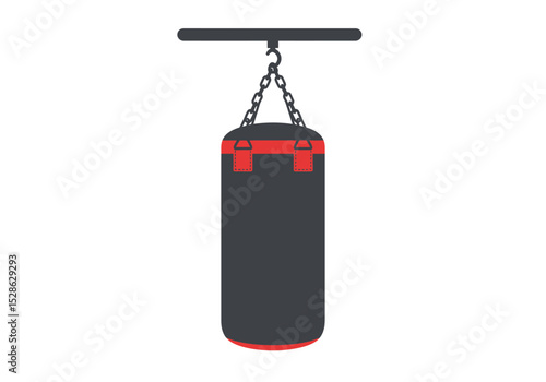 A dark gray punching bag with red trim hangs from a chain and ceiling mount