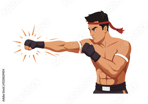 A muscular martial artist throws a punch with intensity donning a red headband and wrist wraps
