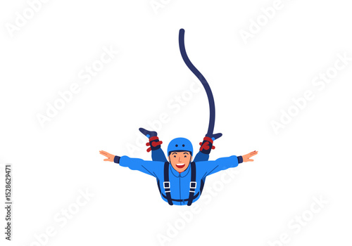 A person bungee jumping with arms outstretched and a helmet