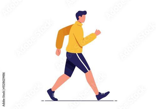 A person in sportswear walks forward in a cartoonlike style