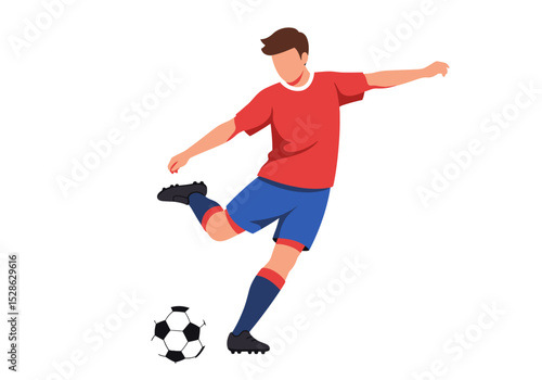 A soccer player in red and blue kicking a soccer ball on a white background