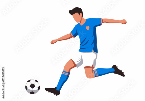 A soccer player with blue jersey and white shorts is kicking a black and white soccer ball