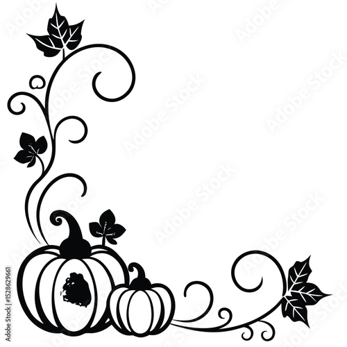 Elegant black and white vector illustration featuring pumpkins autumnal leaves and flourishes