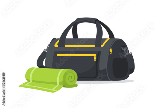 Black duffel bag with yellow accents next to a rolled green yoga mat