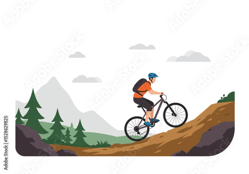 Vector Bicyclist climbs hill on mountain bike wearing orange shirt black shorts and backpack