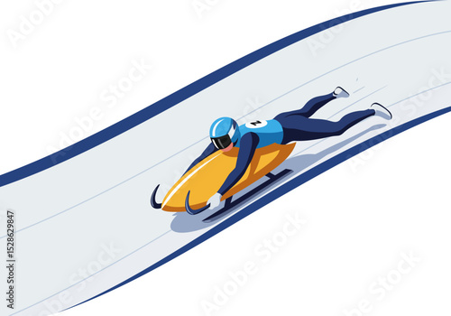 Cartoon of a skeleton racer prone on a sled speeding down an icy track