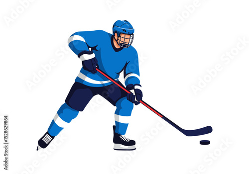 Cartoon of an ice hockey player in blue uniform with stick facing puck