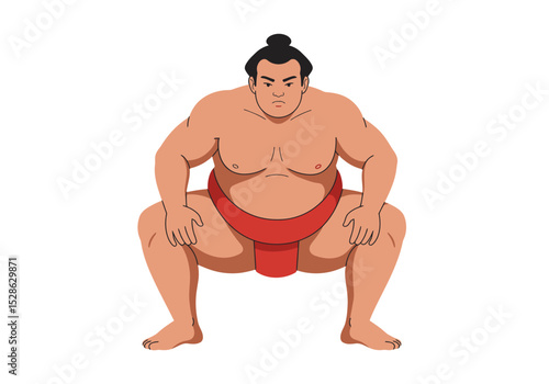 Cartoon sumo wrestler with red mawashi in low stance facing viewer