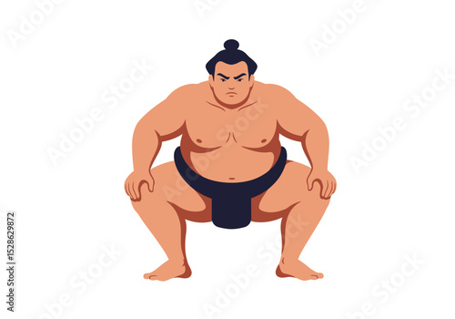 Cartoon sumo wrestler in mawashi belt ready to compete isolated on white