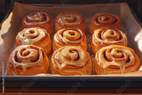 Delicious Homemade Cinnamon Rolls. Freshly Baked Sweet Pastry with Cream Cheese Icing
