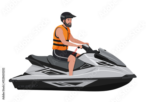Man on gray jet ski wearing black helmet and orange life vest holding handlebars