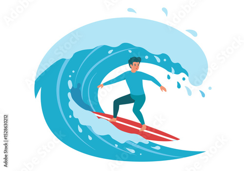 Man surfs a large blue wave on a red surfboard