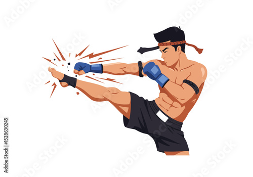 Muay Thai fighter with blue gloves  head band kicks shockwave effect