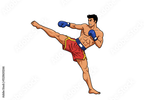 Muscular man in red shorts  boxing gloves kicking with bare foot
