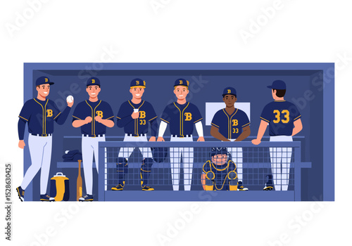 Seven baseball players sit in a dugout wearing team uniforms