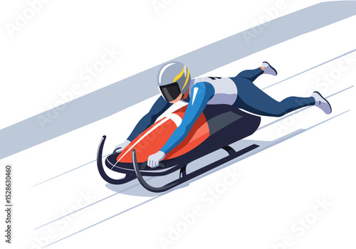Sledder on ice helmeted on a red luge speeding down a course