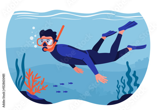 Snorkeler swims underwater near coral wearing a mask  fins