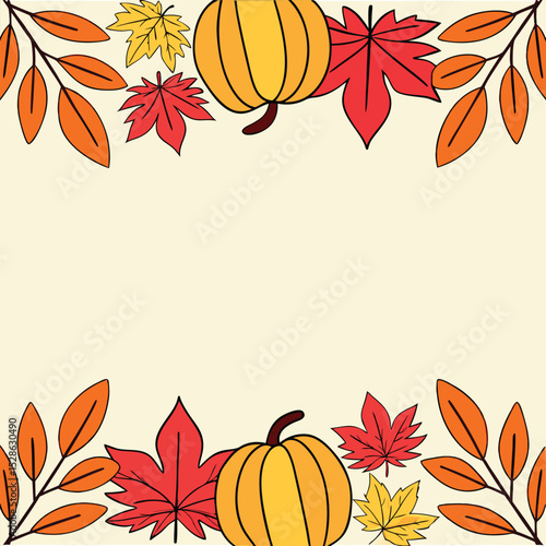 Festive autumn illustration with pumpkins colorful leaves and a creamy background