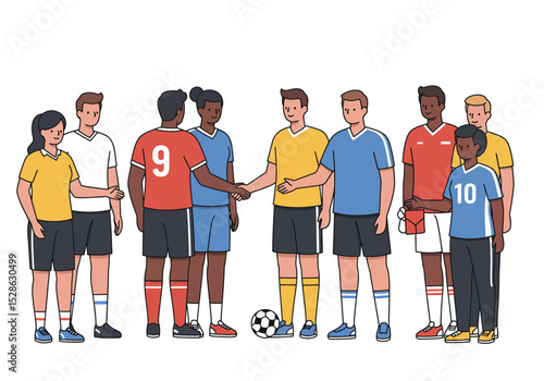 Soccer players shake hands wearing numbered jerseys shorts  socks with a soccer ball at their feet